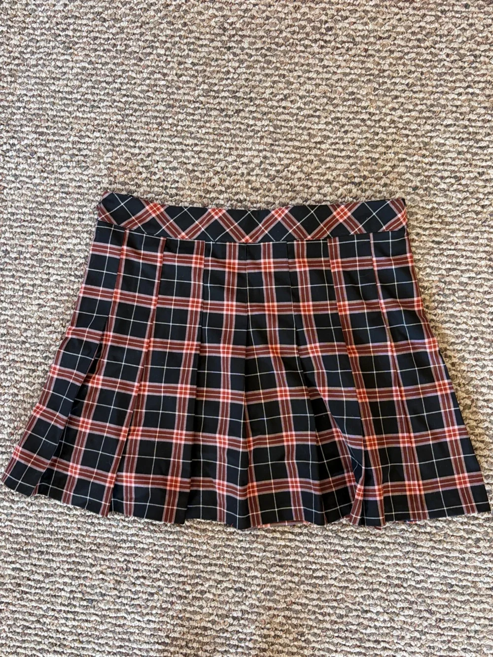 H&M Black Plaid Pleated Skater Skirt with Red Accents